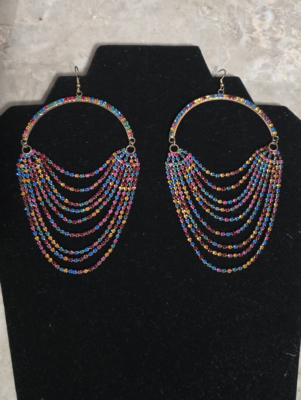 Multi-Color Glass Rhinestone Draped Chandelier Hoop Earrings - Picture 2 of 6